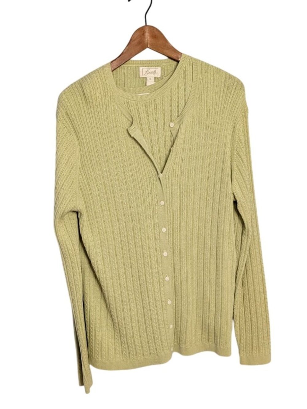 Foxcroft Women Sage Green Supima Cotton 2 Piece Cardigan Shell Set Size L Ribbed